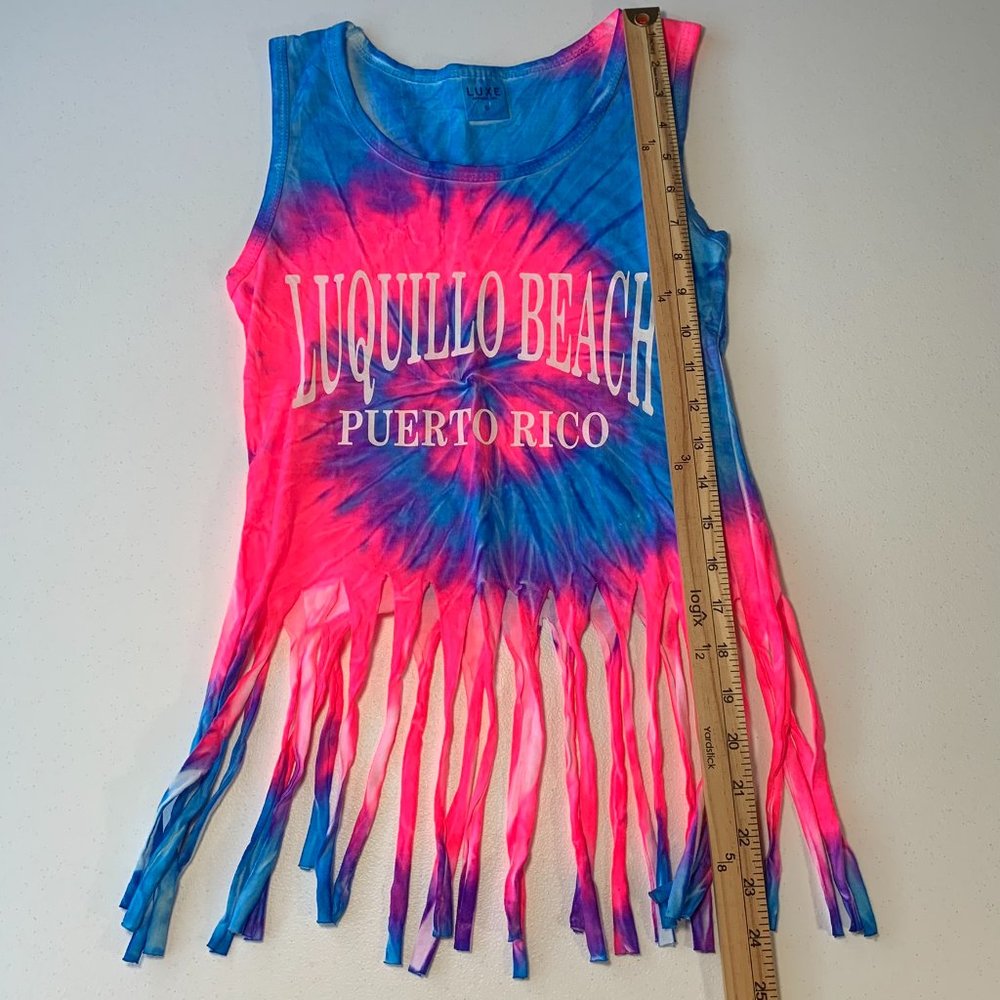 LUQUILLO BEACH PUERTO RICO TIE DYE FRINGED CROP TOP SMALL BAD BUNNY SUPER BOWL - Picture 6 of 8